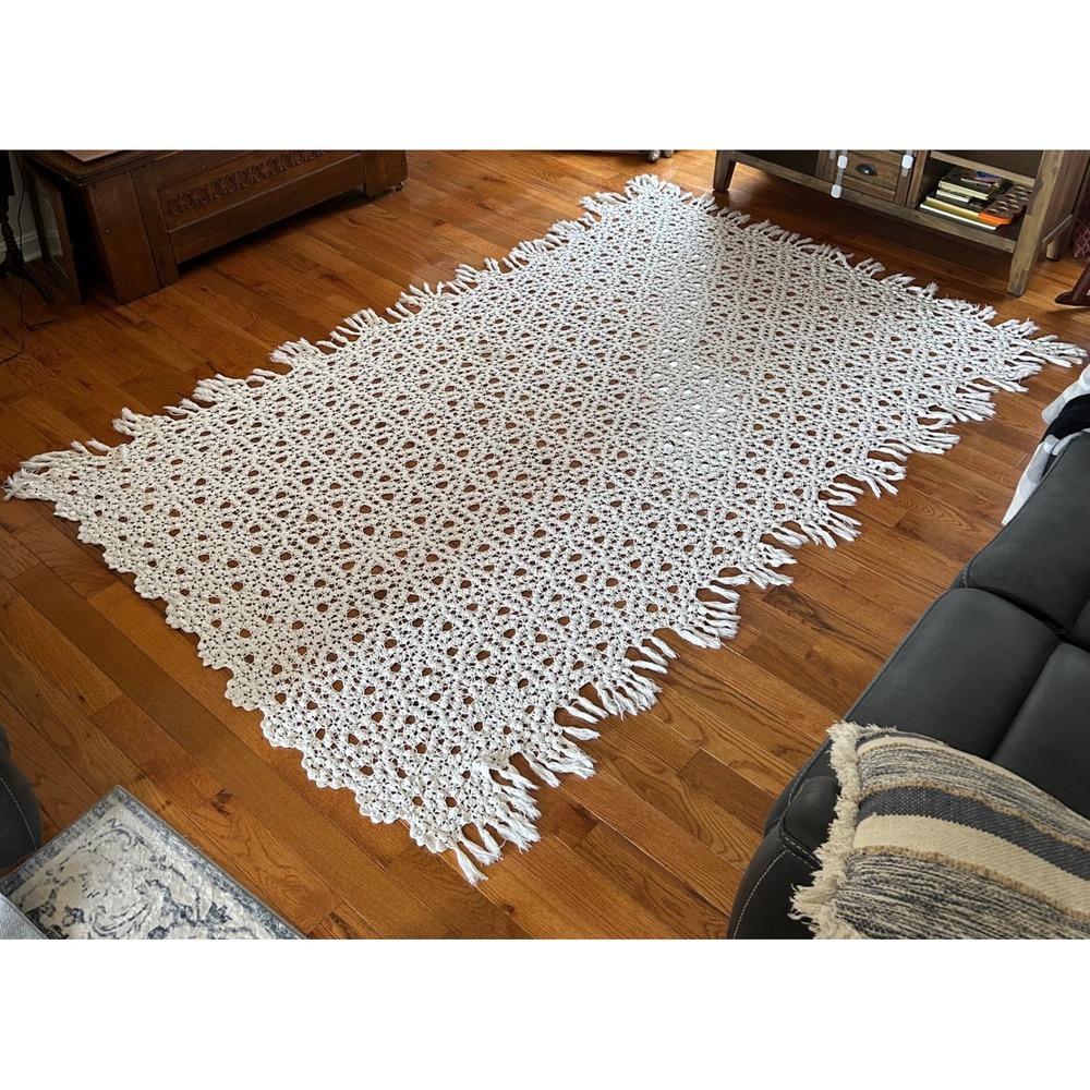 Vintage Handmade Crochet Bed/ Couch Cover Cream Lace Tassel Fringe
